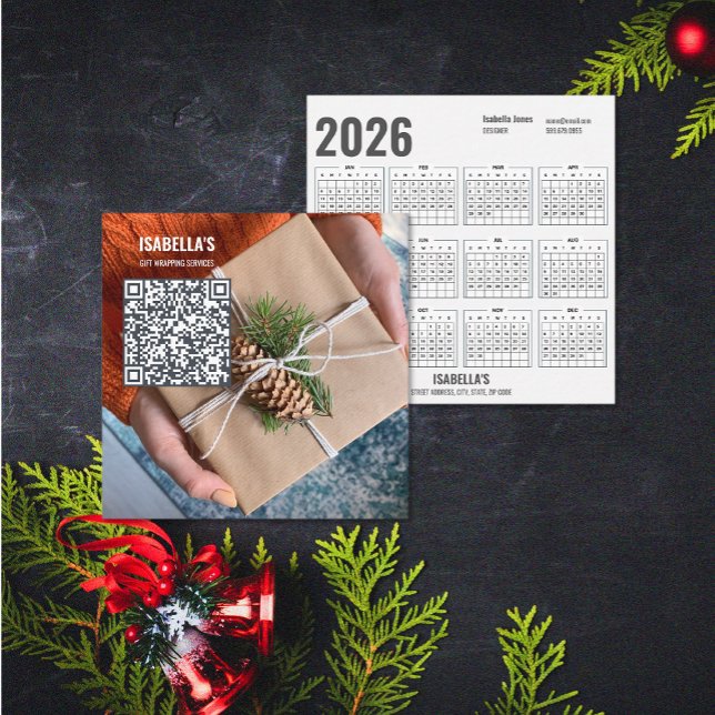 Adicionar a sua fotografia - Cartões de visitas de (Christmas QR Code 2026 Calendar Business Card (front and back))