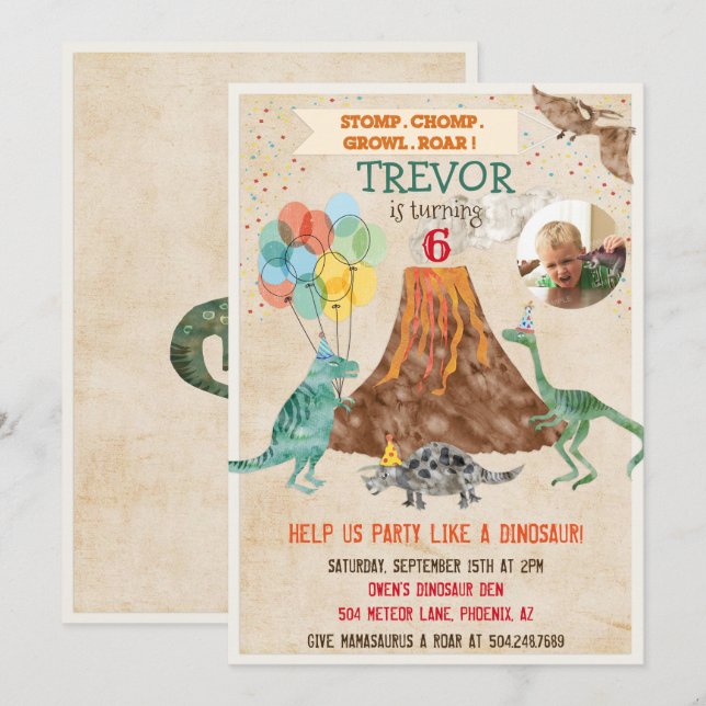 ADICIONAR FOTO - Convite de Aniversário Dinossauro (Frente/Verso)