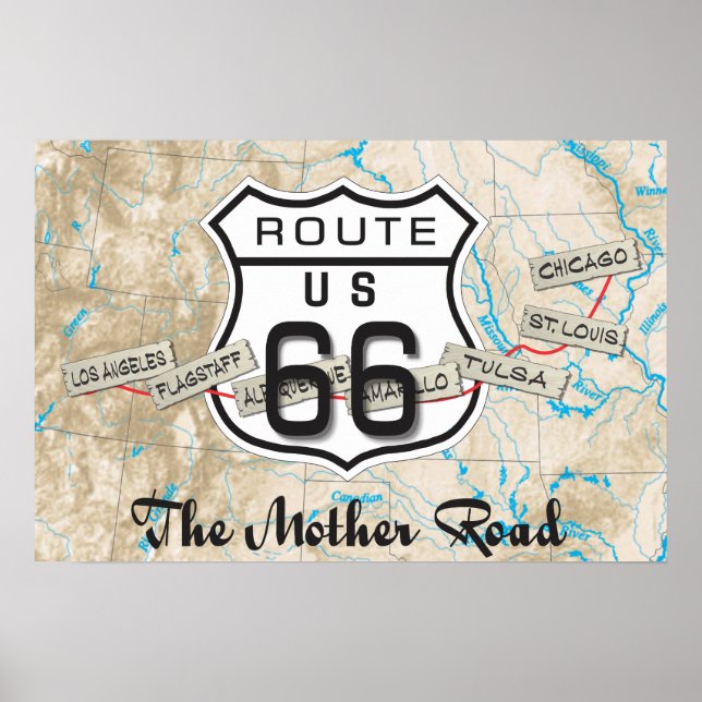 adicionar suas fotos Poster de Mapa do Route 66 (Frente)