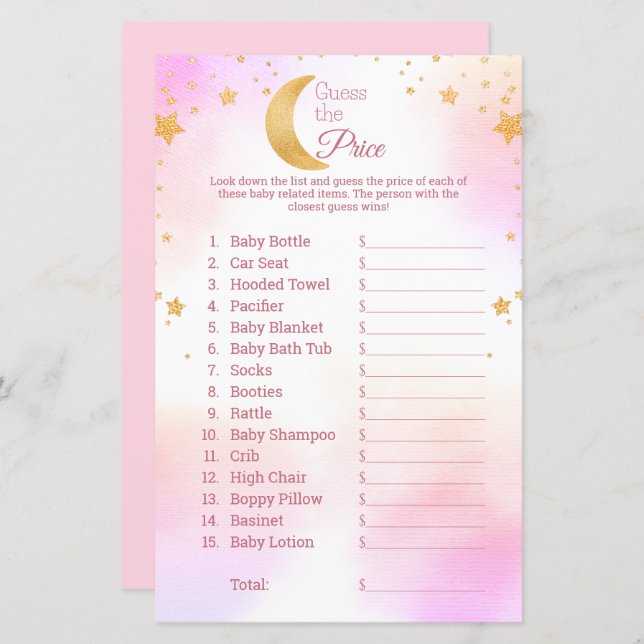 Adivinha o jogo do Chá de fraldas rosa das estrela (Frente/Verso)