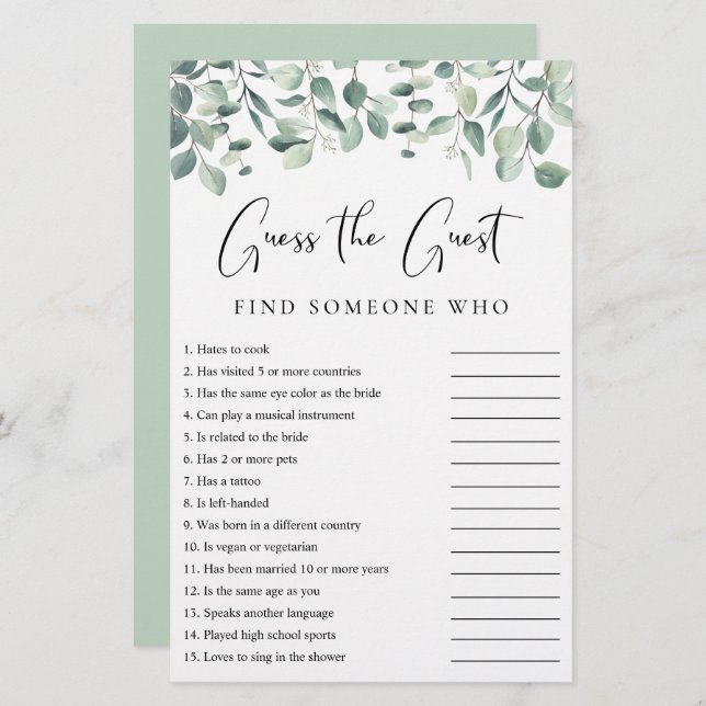 Adivinha o Jogo do Chá Eucalyptus Convidado (Frente/Verso)