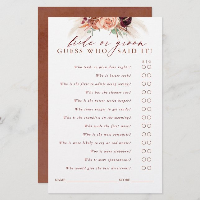 Adivinha quem é noiva ou noiva - Cartão de Jogo de (Frente/Verso)