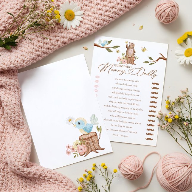 Adivinha Quem É O Cartão De Chá de fraldas Do Wood (Guess Who Woodland Bear Girl Baby Shower Game Card)