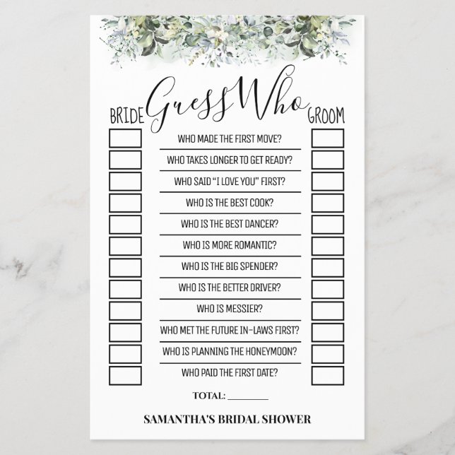 Adivinha Quem É O Cartão De Jogo De Chá de panela  (Frente)