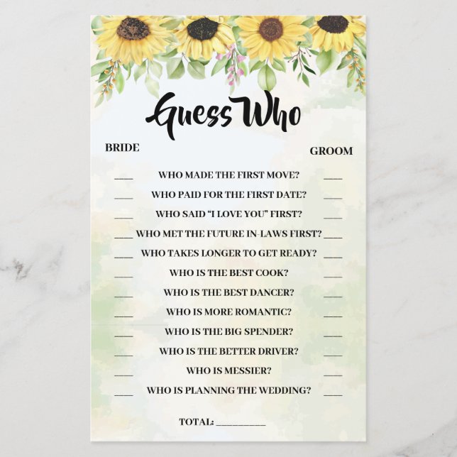 Adivinha Quem É O Cartão De Jogo De Chá de panela  (Frente)