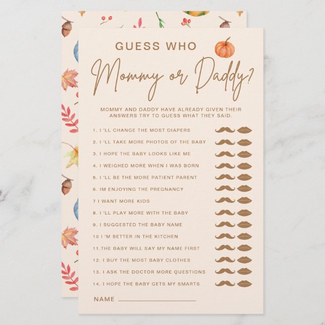 Adivinha Quem Mamãe Ou Jogo De Chá de fraldas De B (Frente/Verso)