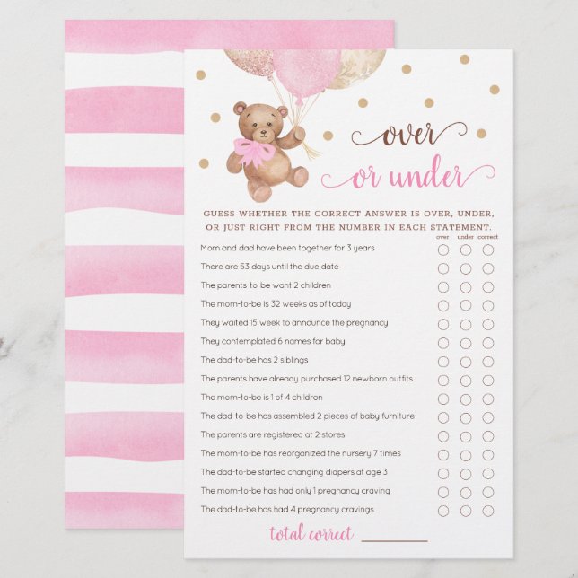 Adivinhe o Jogo Acima ou Abaixo Teddy Bear Chá de  (Frente/Verso)