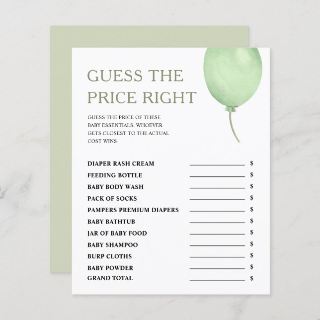 Adivinhe o Preço do Menino do Balão Verde Jogo par (Frente/Verso)