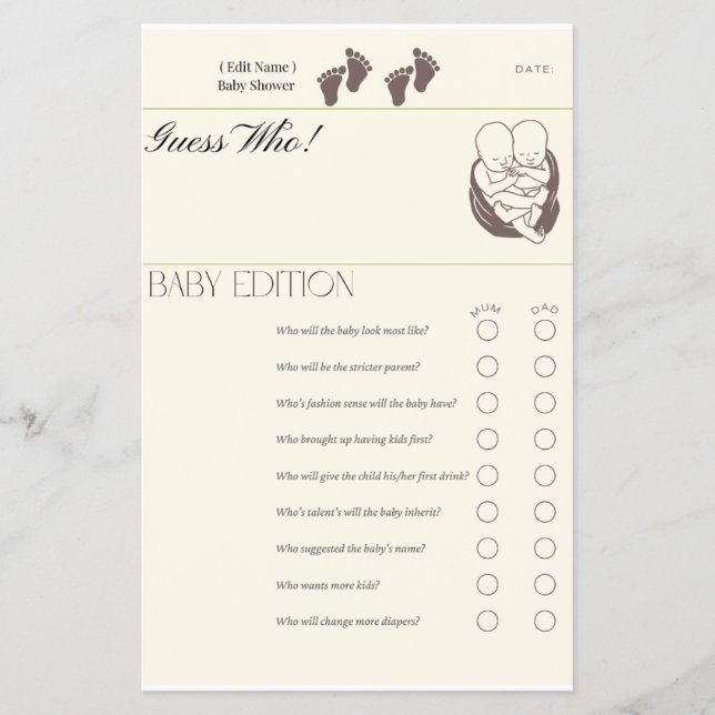 Adivinhe Quem - Cartão De Jogo Do Baby Edition | T (Frente)