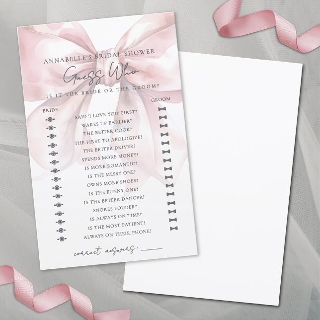 Adivinhe Quem Rosa Bege Laço Jogo de Chá de Noiva (Guess Who Blush Pink Bow Bridal Shower Game)
