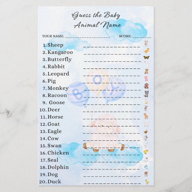 Adivinhem o Chá de fraldas do Jogo do Bebê Animal (Frente)