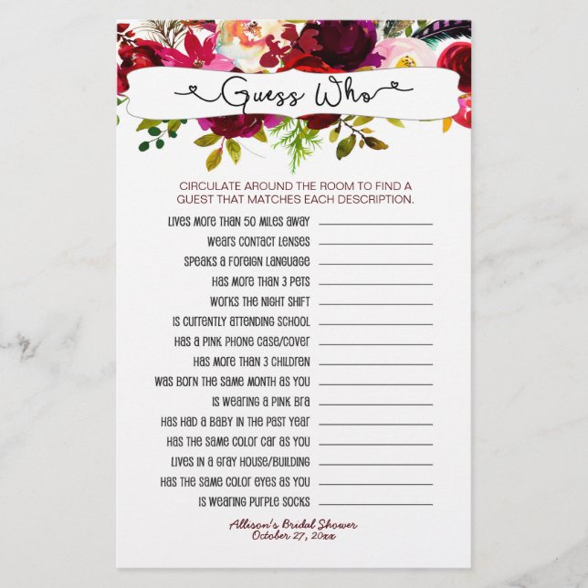 Adivinhem quem + jogos telefônicos, Burgundy flora (Frente)