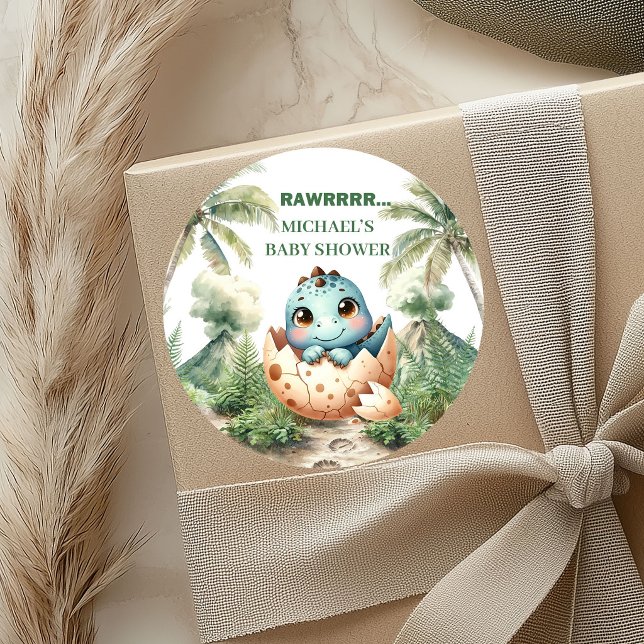 Adoráveis Adesivos para Chá de Bebê de Dinossauro  (Adorable Hatching Soon Dino Baby Shower Stickers)