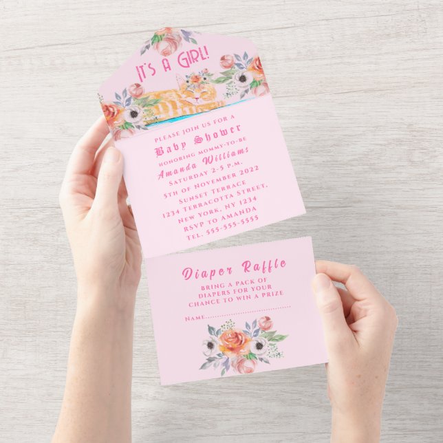 Adoráveis flores de Kitten Rosa É um Chá de fralda (Aba destacável)