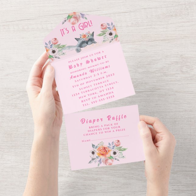 Adoráveis flores de Kitten Rosa É um Chá de fralda (Aba destacável)