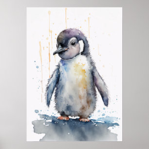 Adorável Baby Penguin Watercolor Poster