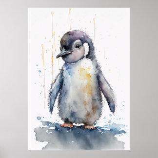 Adorável Baby Penguin Watercolor Poster