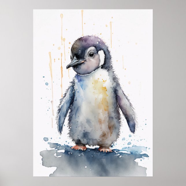 Adorável Baby Penguin Watercolor Poster (Frente)