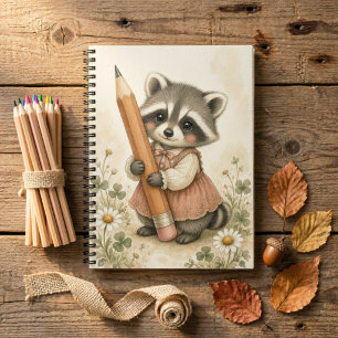 Adorável Caderno Espiral de Guaxinim em Aquarela c