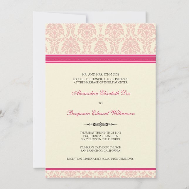 Adorável Convite ao Casamento tema damasco (fuchsi (Frente)