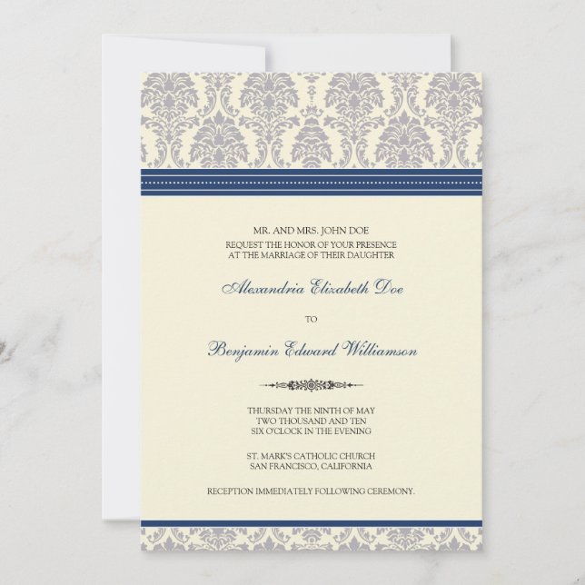 Adorável Convite ao Casamento tema damasco (marinh (Frente)