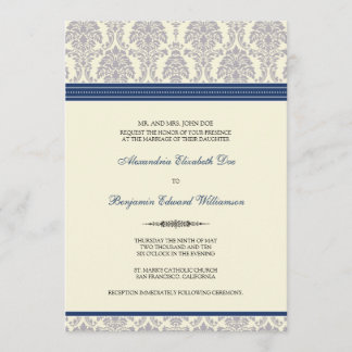 Adorável Convite ao Casamento tema damasco (marinh