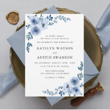 adorável convite de casamento floral azul empoeira
