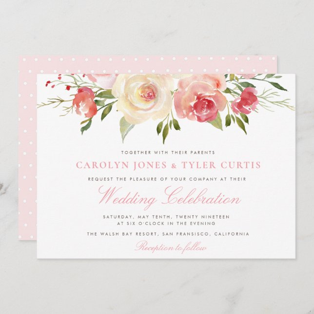 Adorável convite de casamento floral de pêssego de (Frente/Verso)