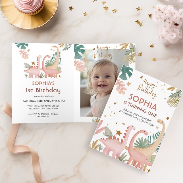 Adorável Convite Dobrado De Dino Rosa (Criador carregado)