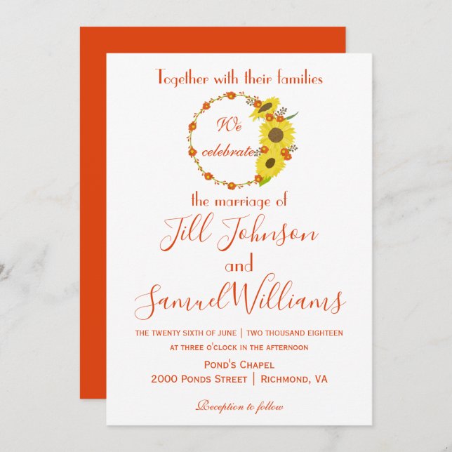 Adorável convite para o casamento floral de girass (Frente/Verso)