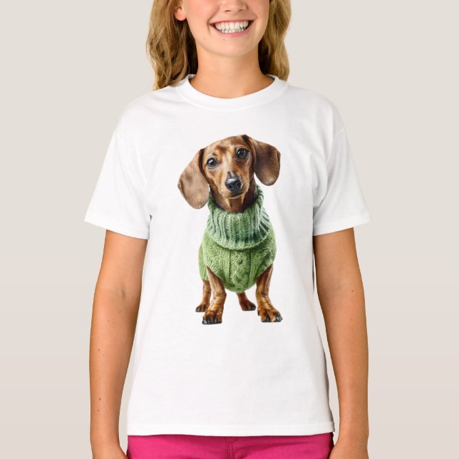 Adorável Dachshund em Suéter Verde para Crianças (Frente)