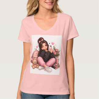 Adorável Design de Camiseta com Adesivo de Garota