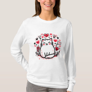 Adorável Gato Desenhando Camiseta de Longa Folga
