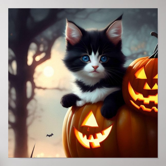 Adorável Kitten de Halloween num Poster de Abóbora (Frente)