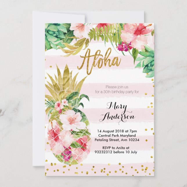 Adulto de Convite de Aloha Dourado para o Aloha (Frente)