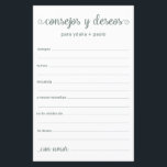 Advice e Desejo Espanhol<br><div class="desc">Estas simples, coloridas de eucalipto, modernas, mínimas, escritas à mão, folhas de Conselhos e Desejos Espanhóis/Consejos y Deseos são perfeitas para ter chá de panela, janto de ensaio ou convidados de casamento preenchidos para o casal feliz. As pessoas vão adorar ter as ordens - tornam tão fácil deixar palavras amáveis...</div>
