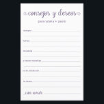 Advice e Desejo Espanhol<br><div class="desc">Estas folhas simples, poeirentas, roxas, modernas, mínimas, escritas à mão, Conselhos e Desejos Espanhóis/Consejos y Deseos são perfeitas para ter chá de panela, janto de ensaio ou convidados de casamento preenchidos para o casal feliz. As pessoas vão adorar ter as ordens - tornam tão fácil deixar palavras amáveis de conselhos...</div>