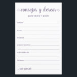 Advice e Desejo Espanhol<br><div class="desc">Estas folhas simples, poeirentas, roxas, modernas, mínimas, escritas à mão, Conselhos e Desejos Espanhóis/Consejos y Deseos são perfeitas para ter chá de panela, janto de ensaio ou convidados de casamento preenchidos para o casal feliz. As pessoas vão adorar ter as ordens - tornam tão fácil deixar palavras amáveis de conselhos...</div>