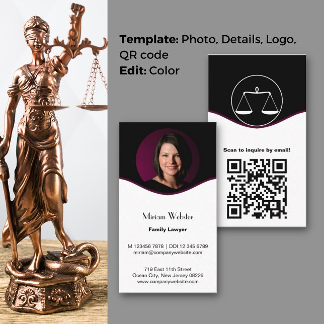 Advogado Familiar sofisticado Cartão de visita (Sophisticated Family Lawyer Business Card, Profile Photo, Logo, QR code, CTA, Black & White)