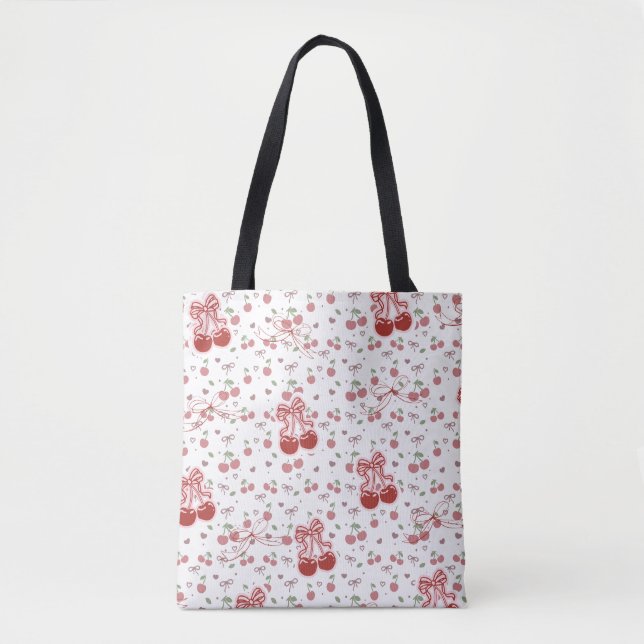 Aesthetic Cherry Tote Bag with Hearts & Bow (Frente)