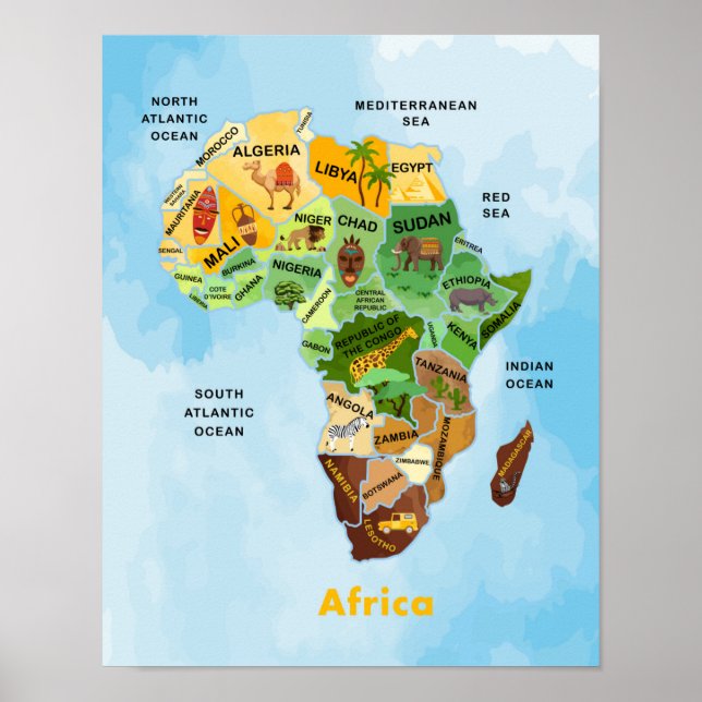 África Mapa aquarela trabalho de arte Poster (Frente)