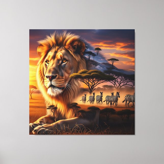 African Lion & Zebra Sunset Canvas Art (Frente)