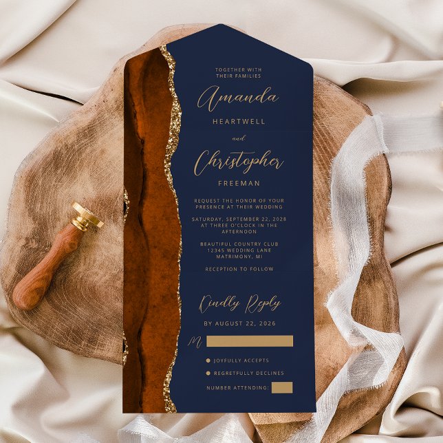 Ágata Laranja Queimada Dourado Script Azul Marinho (Criador carregado)