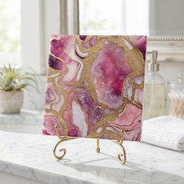 Ágata Rosa e Dourada Geodo Arte Abstrata em Resina