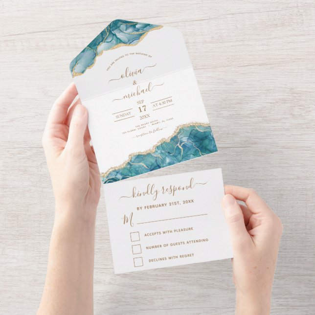 Agate Aqua Turquoise Casamento Dourado Azul RSVP (Aba destacável)