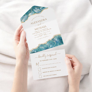 Agate Aqua Turquoise Casamento Dourado Azul RSVP