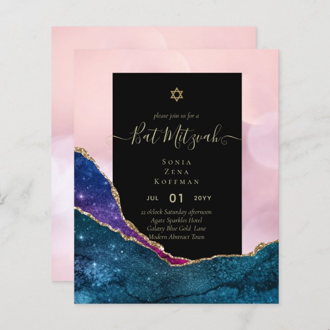 AGATE GLITTER BAT MITZVAH Convite ORÇAMENTO (Frente/Verso)