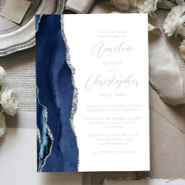 Agate Navy Blue Silver Modern Script Wedding