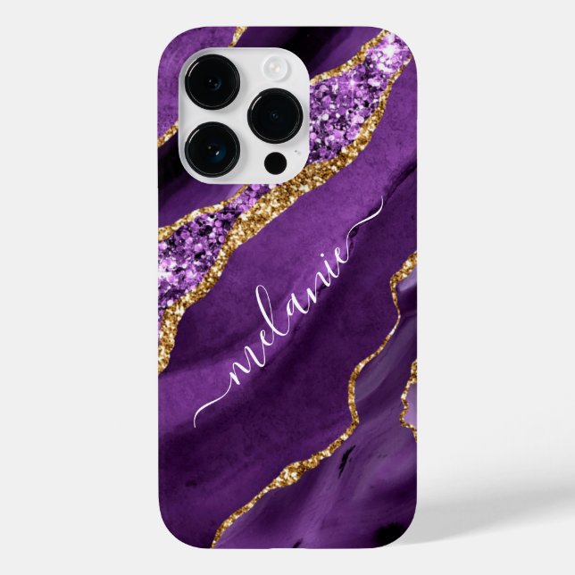Agate Roxo Glitter Dourado Seu Nome capas de iphon (Verso)