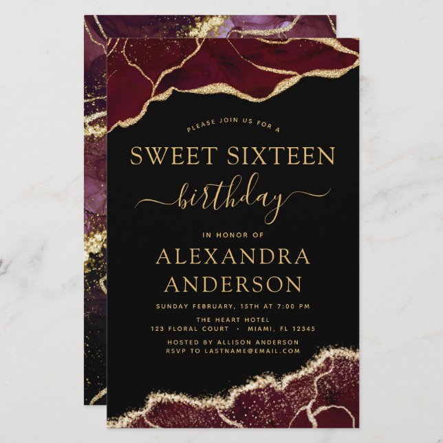 Agato de Orçamento Doce 16 Birthday Burgundy Doura (Frente/Verso)